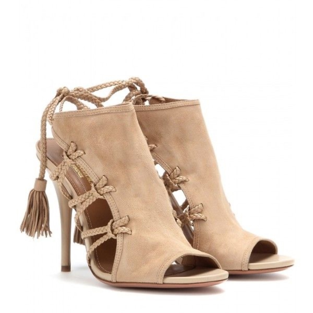 Aquazzura Sahara 105 Braided Tan Stiletto Heels Strappy Design size 36
